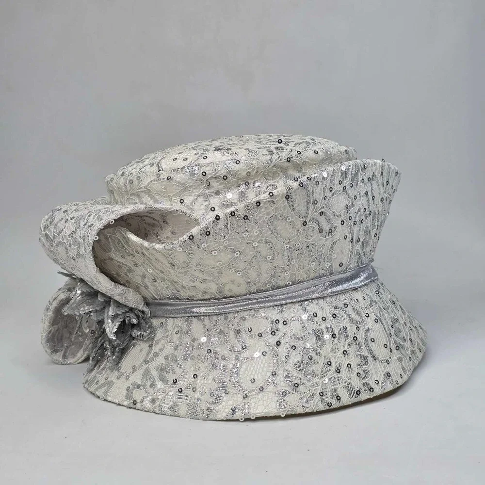 Ms Divine Hat Sun Women's Derby Church Brim Bow‎ Rhinestone Sequin White Silver